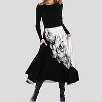 Women's A Line Dress Midi Dress Black Long Sleeve Floral Pocket Print Fall Winter Round Neck Casual Vacation 2022 S M L XL XXL 3XL miniinthebox - thumbnail