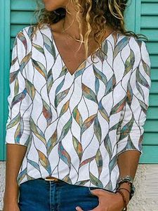 V-neck Leaf Print Loose Long-sleeved T-shirt