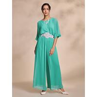 Chiffon Casual Magyar Sleeve Crew Neck Blouse Chiffon Wide Leg Full Length Pants Two Piece Set(Belt Not Included)