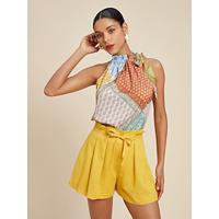 Multi Color Drawstring Sleeveless Top Linen Short Set