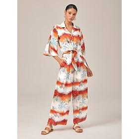 Floral Cuban Collar Cropped Top Wide leg Pants Set