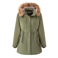 Women's Parka Puffer Coat Winter Coat Thermal Warm Windproof Heated Coat with Removable Fur Collar Fall Zip up Drawstring Fleece Jacket with Pockets Outerwear Army Green Black Lightinthebox - thumbnail