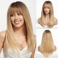 Long Blonde Wigs for Women Straight Synthetic Wig with Bangs miniinthebox