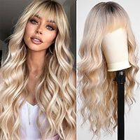 Ombre Blonde Wigs with Bangs Long Curly Wig for Women Blonde Long Wavy Wig Synthetic Hair Wig for Party Cosplay Daily Use 24IN miniinthebox