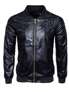 Black Embroidery PU Leather Men Jacket