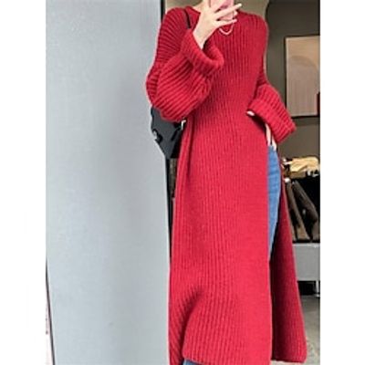 Women's Red Christmas Dress Sweater Dress Jumper Dress Midi Dress Knitwear Warm Fashion Pure Color Outdoor Christmas Casual Daily Crew Neck Long Sleeve 2023 Regular Fit Red S M L XL XXL 3XL Lightinthebox
