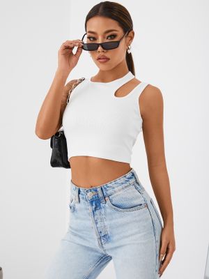 White Cut Out Design Crew Neck Crop Top White Cut Out Design Crew Neck Crop Top