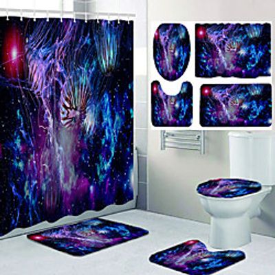Digital Printing Bathroom Shower Curtain Leisure Toilet Four-piece Set Including Hooks and Cushions Lightinthebox