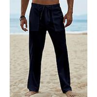 Men's Linen Pants Trousers Summer Pants Beach Pants Pocket Elastic Waist Straight Leg Plain Comfort Breathable Daily Holiday Vacation Hawaiian Boho ArmyGreen Black Lightinthebox