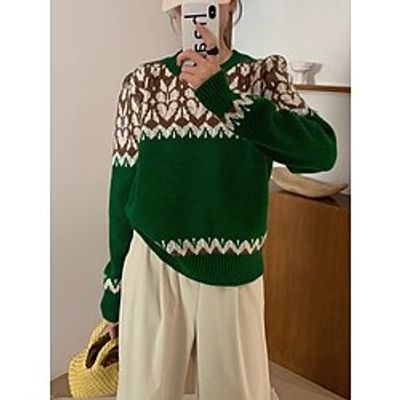 Women's Pullover Sweater Jumper Crew Neck Ribbed Knit Polyester Knitted Print Fall Winter Regular Outdoor Christmas Daily Stylish Casual Soft Long Sleeve Heart Red Blue Green One-Size Lightinthebox