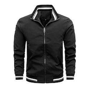 Men's Bomber Jacket Outdoor Jacket Sport Coat Durable Casual / Daily Daily Wear Vacation To-Go Zipper Standing Collar Warm Ups Comfort Leisure Jacket Outerwear Solid / Plain Color Pocket Black White miniinthebox