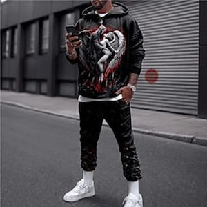 Men's Tracksuit Hoodies Set Black Hooded Graphic Skull Skeleton 2 Piece Print Sports  Outdoor Casual Sports 3D Print Basic Streetwear Designer Fall Spring Clothing Apparel Hoodies Sweatshirts  miniinthebox