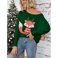Women's Pullover Sweater Jumper Crew Neck Ribbed Knit Print Fall Winter Regular Christmas Soft Long Sleeve Animal Elk White Green S M L miniinthebox - thumbnail
