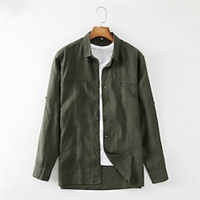 Men's Shirt Linen Shirt Casual Shirt Blue Army Green Long Sleeve Plain Lapel Spring   Fall Casual Daily Clothing Apparel Lightinthebox