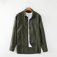 Men's Shirt Linen Shirt Casual Shirt Blue Army Green Long Sleeve Plain Lapel Spring   Fall Casual Daily Clothing Apparel Lightinthebox - thumbnail