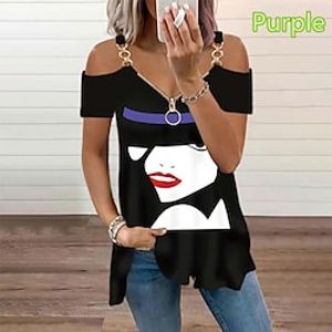 Women's Shirt Blouse Black White Purple Portrait Cut Out Quarter Zip Short Sleeve Casual Weekend Basic V Neck Regular Portrait S Lightinthebox