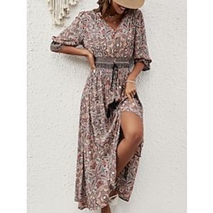 Women's Paisley Dress Casual Dress Paisley Split Print V Neck Long Dress Maxi Dress Bohemia Vintage Holiday Vacation 34 Length Sleeve Loose Fit Red Blue Summer S M L XL Lightinthebox