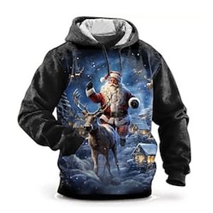 Graphic Santa Claus Merry Christmas Fashion Daily Basic Men's 3D Print Hoodie Pullover Sports Outdoor Holiday Vacation Hoodies Navy Blue Blue Dark Blue Hooded Print Front Pocket Spring   Fall Lightinthebox