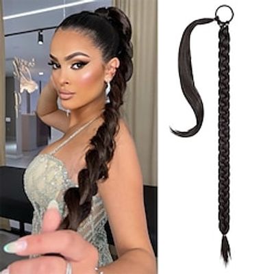 Long Braided Ponytail Extension with Hair Tie Dark Brown Straight Wrap Around for Women Synthetic High Temperature Fluffy Natural Soft Hair Piece for Daily Wear Lightinthebox