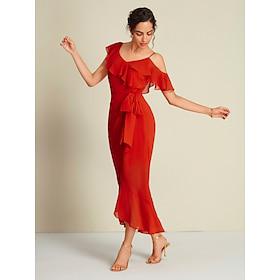 Red Chiffon Party/Wedding Guest Mismatched Short Sleeve Midi Dress dress to impress Christmas Dress 2024