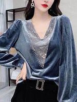 V-neck Gold Velvet Diamond Fashion Bottoming Shirt Long sleeve T-shirts