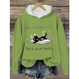 Women's Hoodie Sweatshirt Pullover Cat Letter Active Sportswear Print Blue Green Casual Sports Hoodie Long Sleeve Top Micro-elastic Fall  Winter Lightinthebox