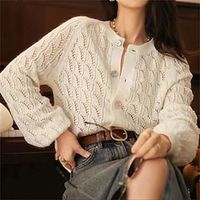 Women's Cardigan Sweater Jacket Crew Neck Ribbed Knit Polyester Button Knitted Fall Winter Regular Outdoor Daily Holiday Fashion Casual Soft Long Sleeve Solid Color Pink Purple Green One-Size Lightinthebox - thumbnail