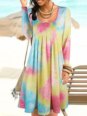 Round Neck Casual Loose Smudge Long Sleeve Short Dress