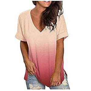 womens casual v neck short sleeve floral t-shirt color block leopard striped print tops gradient colorful graphic tees d-pink Lightinthebox