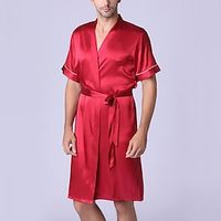 Men's Loungewear Silk Robe Robes Gown Silk Kimono Plain Stylish Casual Comfort Home Daily Bed Polyester Comfort V Neck Belt Included Spring Summer Wine Navy Blue Lightinthebox - thumbnail