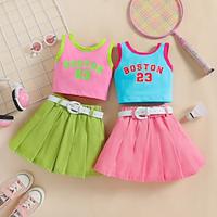 3 Pieces Toddler Girls' Letter Crewneck Skirt Shirt Set Sleeveless Fashion Outdoor 3-7 Years Summer Pink Blue Lightinthebox