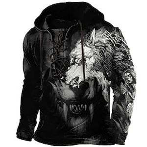 Men's Pullover Hoodie Sweatshirt Pullover Black Hooded Animal Wolf Graphic Prints Lace up Print Casual Daily Sports 3D Print Basic Streetwear Designer Spring   Fall Clothing Apparel Hoodies Lightinthebox