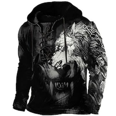 Men's Pullover Hoodie Sweatshirt Pullover Black Hooded Animal Wolf Graphic Prints Lace up Print Casual Daily Sports 3D Print Basic Streetwear Designer Spring   Fall Clothing Apparel Hoodies Lightinthebox