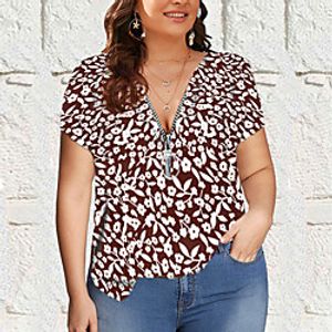 Women's Plus Size Tops Blouse Shirt Floral Zipper Short Sleeve V Neck Summer Blue Green Black Big Size L XL 2XL 3XL 4XL Lightinthebox
