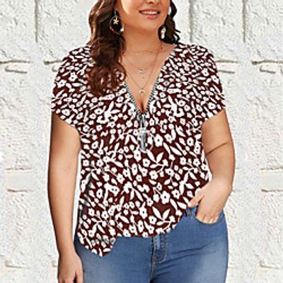Women's Plus Size Tops Blouse Shirt Floral Zipper Short Sleeve V Neck Summer Blue Green Black Big Size L XL 2XL 3XL 4XL Lightinthebox
