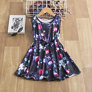 Kids Little Girls' Dress Galaxy Tie Dye Causal Pleated Black Knee-length Sleeveless Active Dresses miniinthebox