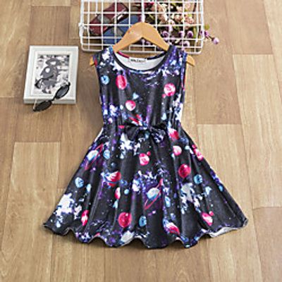 Kids Little Girls' Dress Galaxy Tie Dye Causal Pleated Black Knee-length Sleeveless Active Dresses miniinthebox