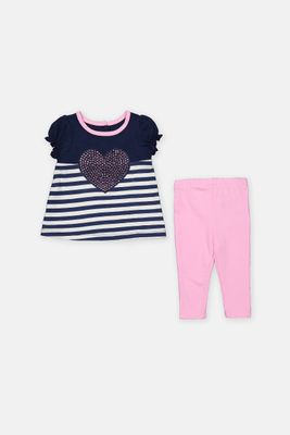 Baby Girls 2-Pieces Striped Heart Tunic & Leggings Set Navy/Pink Baby Girls 2-Pieces Striped Heart Tunic & Leggings Set Navy/Pink
