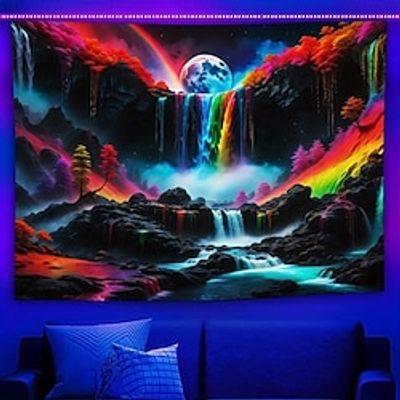 Magic Waterfall Blacklight Tapestry UV Reactive Glow in the Dark Trippy Mountain Misty Nature Landscape Hanging Tapestry Wall Art Mural for Living Room Bedroom Lightinthebox