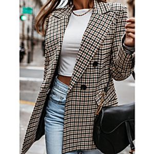 Women's Blazer Going out Fall Long Coat Regular Fit Warm Breathable Elegant Jacket Long Sleeve Houndstooth Patchwork Beige Lightinthebox