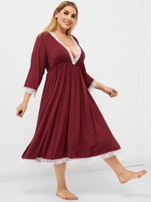Plus Size Deep V Neck Lace Patchwork 3/4 Length Sleeves Sleepwear Plus Size Deep V Neck Lace Patchwork 3/4 Length Sleeves Sleepwear