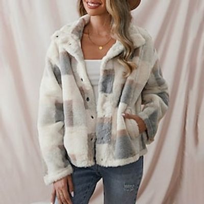 Women's Sherpa Jacket Fleece Jacket Plaid Teddy Coat Thermal Warm Cropped Coat Fall Zipper Heated Jacket with Pocket Plush Casual Street Outerwear Long Sleeve Lightinthebox