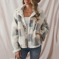 Women's Sherpa Jacket Fleece Jacket Plaid Teddy Coat Thermal Warm Cropped Coat Fall Zipper Heated Jacket with Pocket Plush Casual Street Outerwear Long Sleeve Lightinthebox - thumbnail