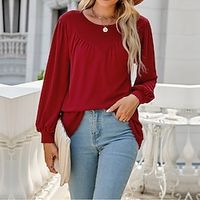 Shirt Blouse Women's Black Wine Blue Solid  Plain Color Puff Sleeve Daily Fashion Round Neck Regular Fit S Lightinthebox - thumbnail
