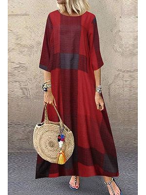 Retro Casual Long Sleeve Plaid Print Dress