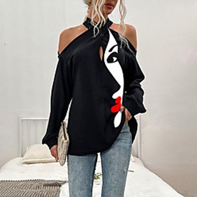 Women's Abstract Portrait Painting T shirt Portrait Letter Cold Shoulder Print V Neck Basic Tops Blue White Black Lightinthebox