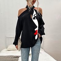 Women's Abstract Portrait Painting T shirt Portrait Letter Cold Shoulder Print V Neck Basic Tops Blue White Black Lightinthebox - thumbnail