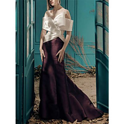 Mermaid  Trumpet Elegant Color Clash Wedding Guest Prom Dress Off Shoulder Short Sleeve Court Train Satin with Bow(s) Splicing 2022 Lightinthebox