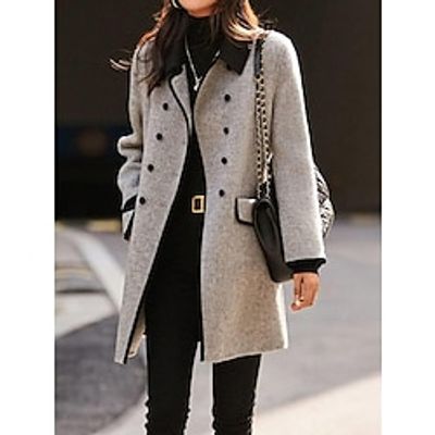 Women's Wool Blend Coat Double Breasted Lapel Long Pea Coat Winter Windproof Warm Overcoat  with Pockets Trench Coat Stylish Casual Street Jacket Long Sleeve PlainGray miniinthebox