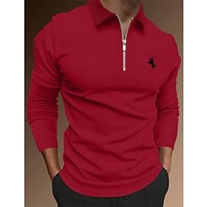 Men's Polo Shirt Waffle Polo Shirt Work Daily Wear Lapel Long Sleeve Fashion Comfortable Plain Embroidered Zip Up Spring   Fall Regular Fit Black Red Brown Beige Polo Shirt Lightinthebox
